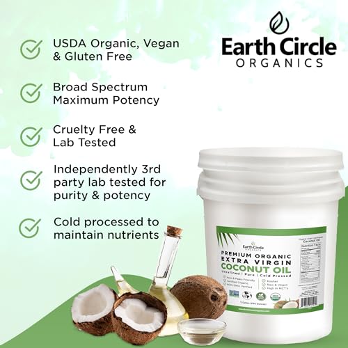 Image of Earth Circle Organics Premium Ultra-Pure UNREFINED Cold Pressed Organic Extra Virgin Coconut Oil - Gluten-Free, Keto & Paleo Friendly - Pure Oil for Skin & Hair Care, Cooking, Baking & More - 5 Gallon