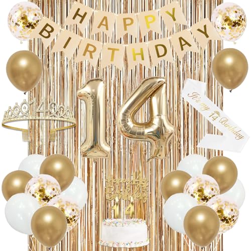 Image of Trgowaul 14th Birthday Decorations for Girls, Banner, Sash and Crown, Cake Topper, 14 Number Balloon, Fringe Curtains, Champagne Gold 14th Birthday Party Supplies