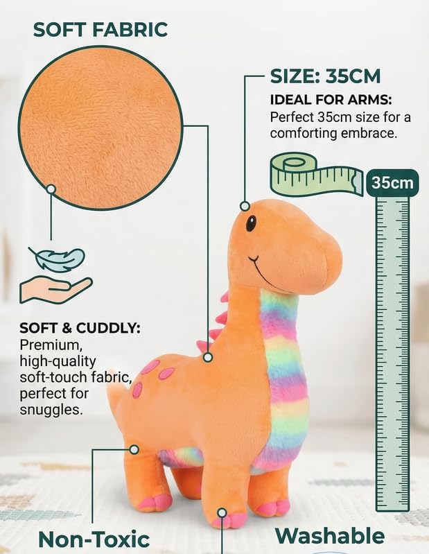 Image of HUG 'n' FEEL SOFT TOYS Orange Dinosaur Soft Toy - Cute Plush Dino Stuffed Animal Toy Figure for Kids, Boys & Girls | Birthday Gift & Room Decor