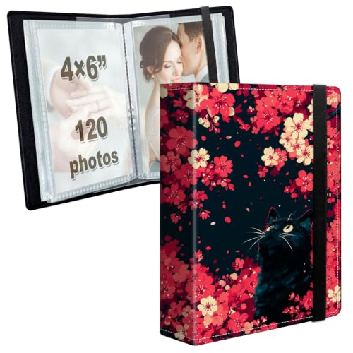 Image of Photo Album 4x6 120 Photos with Strong Elastic Band, Cherry Blossom Cat | Large Capacity Premium Leather Picture Album, Portable Wallet Albums Photo Book for Family Anniversaries Wedding Baby