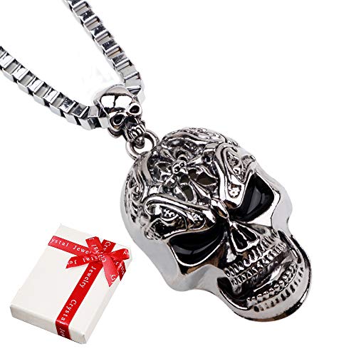cholinchin Joyería Collar de Calavera de Acero Inoxidable con Colgante, Punk Rock Joyería Collar de Calavera Calavera Colgante Biker Gótico con Collar de 60 cm para Hombre, Plata Cover