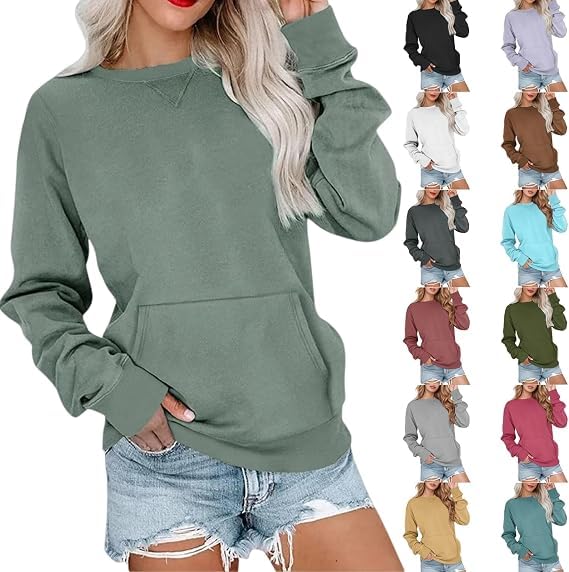 Crew Neck Sweatshirts Women with Pockets Hoodless Hoodies Fleece Pullover Casual Loose Fit Long Sleeve Tops