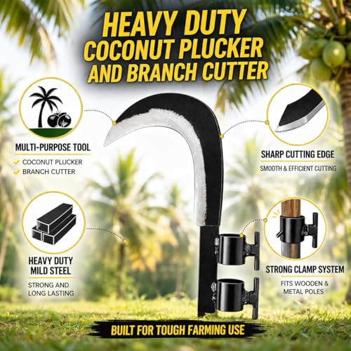 Image of Heavy Duty Agricultural Hand Tool for Harvesting, Farming & Gardening | Tempered Steel Coconut Plucker & Grass Sickle Cutter Head | Tree Branch Cutting, Crop Harvesting & Garden Maintenance