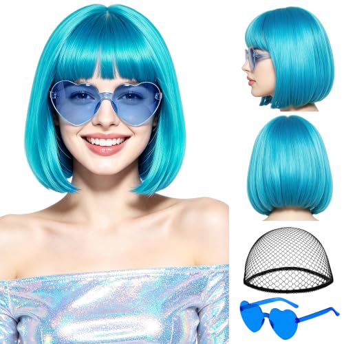 Lavwix Sky Blue Short Bob Straight Hair Wigs with Bangs 11inch Synthetic Fiber Colorful Hair Neon Heart-shaped Sunglasses and Wig Cap for Women 80s 90s Costume Halloween Dress Up