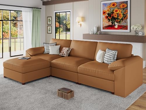 EASE MOOSE Leather Sectional Couch, Oversized Modular Sectional Sofas, Wide Deep Seat Modular Couch, Scratch Resistant Faux Leather Material, L Shaped Sofa for Big Spaces,Brown