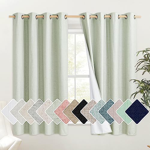 NICETOWN Sage Green Kitchen Linen Completely Shaded Draperies, 2 Pieces, W52 x L63, Privacy Protection & Noise Reducing Ring Top Drapes, White Lined I