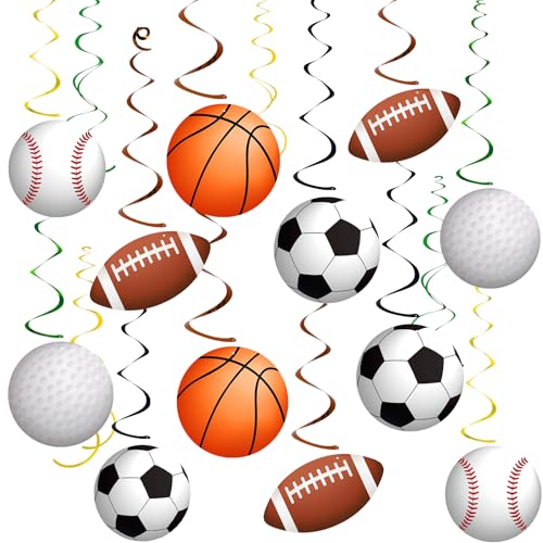 Image of 54Pcs Sports Hanging Swirls Party Decorations Sports Theme Birthday Party Decorations Supplies Baseball Basketball Golf Football Soccer Ball Cutouts Swirl Ceiling Streamers for Kids Boys Men