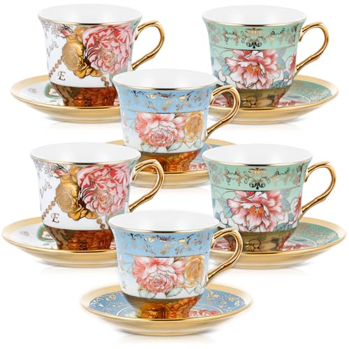 Set of 6 Tea Cups and Saucers Tea Party Decorations Floral Porcelain 5.4 oz British Gift for Women Birthday Party, Church, and Mother's Day (Classic Style)