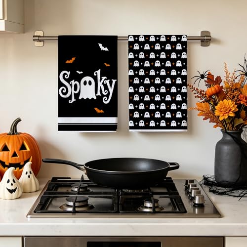 Image of Hexagram Halloween Kitchen Towels, Ghost Spooky Halloween Hand Towels | Black Dish Towel, Ghost Bathroom Decor, Sets of 2, 18 inchx28 inch, Gifts