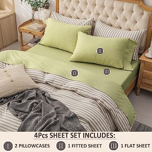 PURE ERA Jersey Knit 4pc Bed Sheet Set 100% T-Shirt Cotton Super Soft Comfy Breathable Fits Mattress Up to 20" Extra Deep Pocket (Solid Mocha Green, Queen)