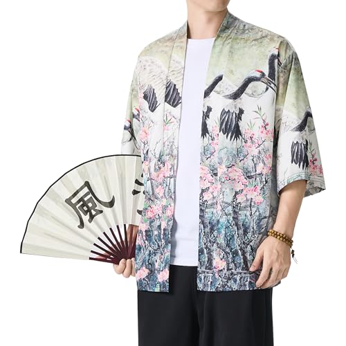 Image of PRIJOUHE Men's Lightweight Kimono Jacket Seven Sleeve Open Front Cardigan Coat Japanese Style Bathrobe