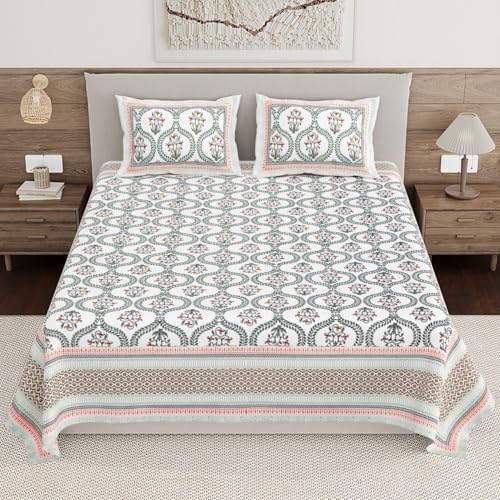 Image of Living Roots Ethnic Jaipur Block Print Double Cotton Bedsheet & 2 Pillow Covers, for Mattress Upto 6 inches Thick, No Colour Bleeding, Peach Colour, King Size 90 * 108 inches, 120TC (604-B)