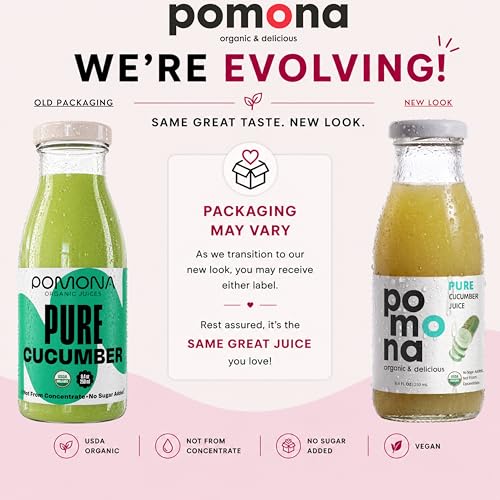 Image of Pomona Organic Juices Pure Cucumber Juice, 8.4 Ounce Bottle (Pack of 12), Cold Pressed Organic Juice, Non-GMO, No Sugar Added, Not from Concentrate, Gluten Free, Kosher Certified, Preservative Free