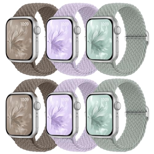 Image of 6 Pack Braided Stretchy Bands Compatible with Apple Watch Band 38mm 40mm 41mm 42mm 44mm 45mm 46mm 49mm Women Men, Adjustable Nylon Solo Loop Elastic Straps for iWatch Series 11 10 9 8 7 6 5 4 SE Ultra
