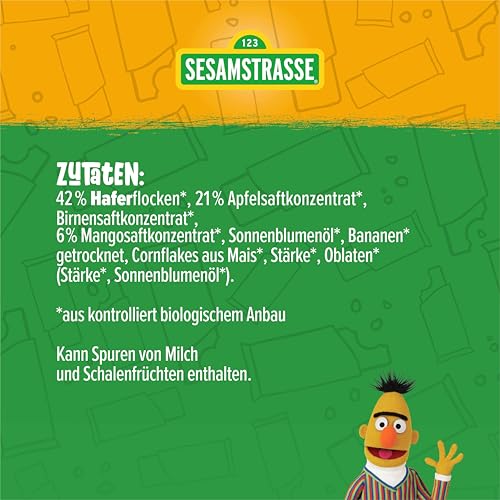 Sesamstrasse Bio Fruchtriegel Bert, mit Hafer, Apfel & Mango, 25er Pack (25 Stück x 25g), Großpackung auf Getreide Basis, Früchteriegel für Kinder ab 3 Jahren, bio, vegan