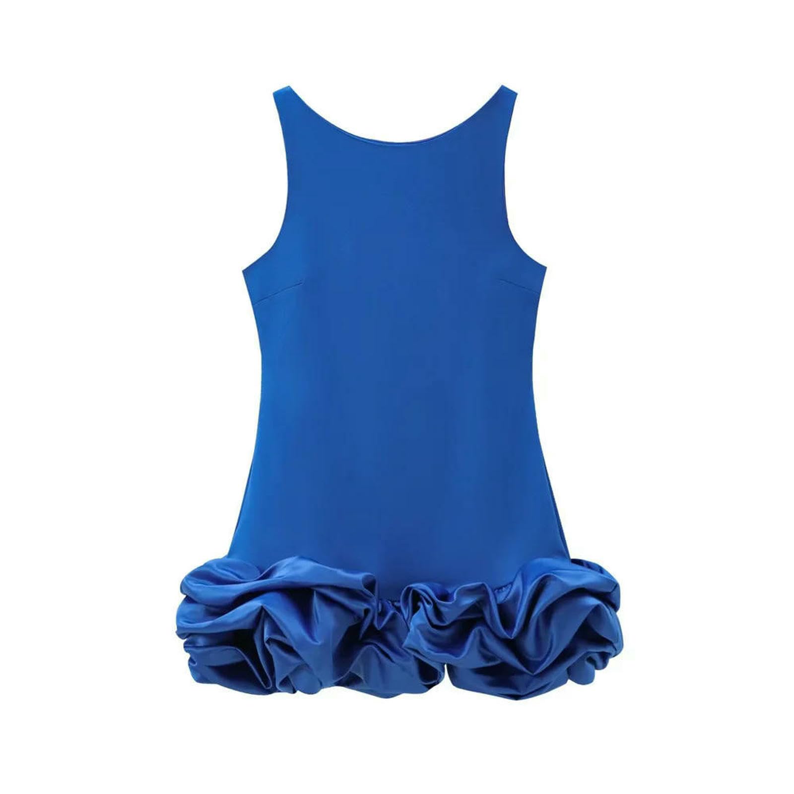 Vestito Donna Mini Abito Voluminoso di Patchwork da Donna, Scollo, Senza Schienale con Cerniera, Abiti Femminili, Moda Sexy-Blu-XS