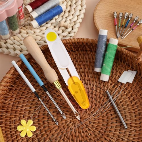 Image of AUGSUN 13 Pcs Punch Needle Kit Embroidery Tool Set for Beginners Adults | Adjustable Punch Needles, Ergonomic Wooden Handle, With Yarn Guide Threader, DIY Crafts Fabric Art Project, Yellow Set