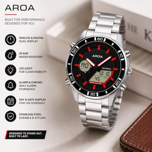 Image of AROA AeroForce Analog Digital Sports Watch for Men | Dual Display Quartz Stainless Steel Wrist Watch | Stopwatch, Alarm, Day & Date | Premium Metal Strap (Gasio Double Time)