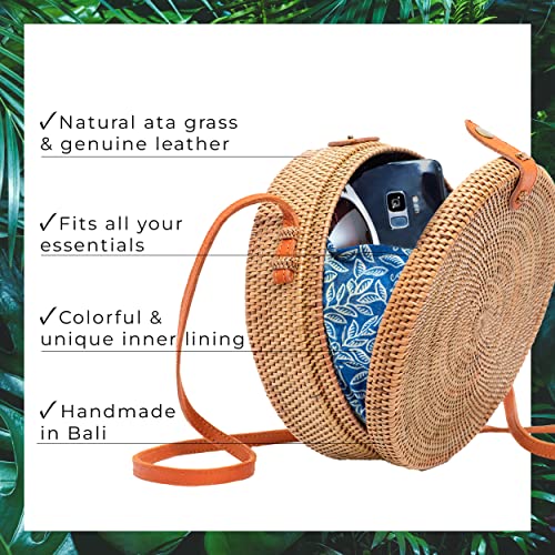 Image of Novum Crafts Round Rattan Bag for Women - Handmade Ata Wicker Woven Purse - Circle, Square, Oval Brown Straw Boho Bags