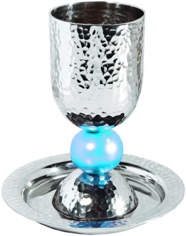 Hammered Aluminum Kiddush Cup with Stem and Plate/Turquoise