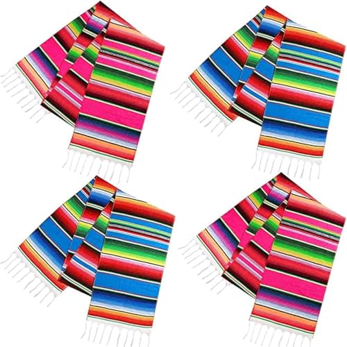 4 Stück Mexikanischer Tischläufer, Große Mexikanische Partydekoration für Cinco de Mayo Fiesta, Serape-Tischläufer, Rot & Blau, 35,5 x 279 cm
