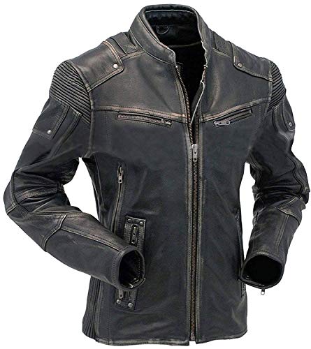 Men's Vintage Motorcycle Cafe Racer Biker Distressed Leather Jacket Black, Leather, X-Large