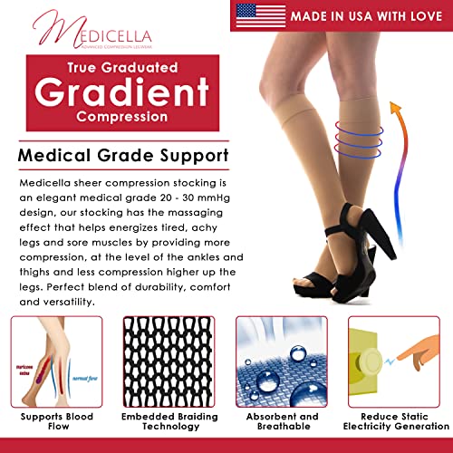 Image of Medicella Premier Closed Toe Knee High Compression Socks for Women 20-30 mmHg Made in USA Medical Quality Sheer Firm Pressure Support Circulation & Travel (Large, Beige)