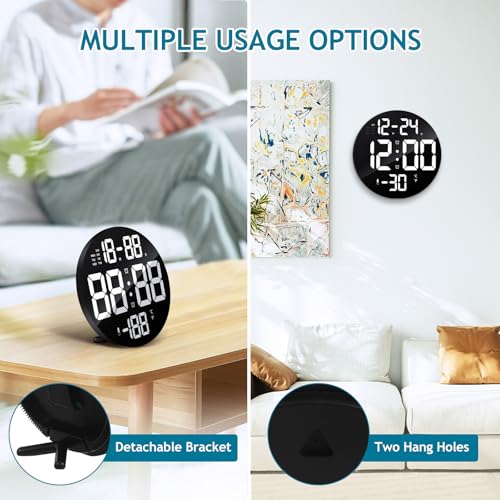 Horloge murale LED ronde 23 cm numérique avec télécommande pour salon - 3