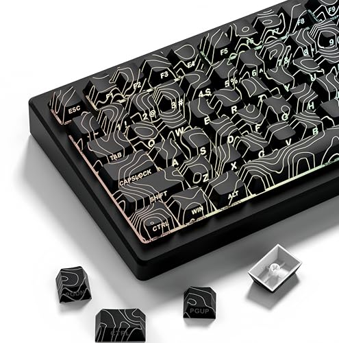 Image of dagaladoo Double Shot PBT Keyboard keycaps Set,Black Topographic,Shine Through Custom keycap,Side Printed keycaps dye sub,Cherry Profile keycap for TKL US Layout Mechanical Keyboard(134keys)