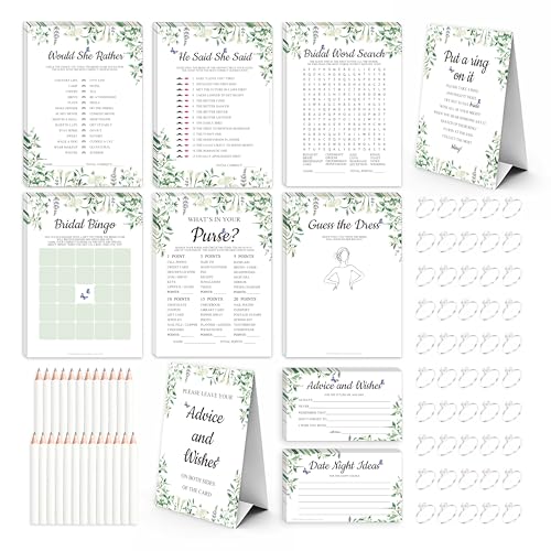 Diakos 8-in-1 Bridal Shower Games Set for 50 Guests Includes Guess the Dress Would She Rather Put a Ring on It He Said She Said Advice and Wishes -25 Pencils 50 Metal Game Rings - Floral Theme
