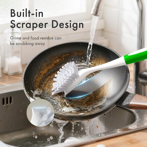 Image of Amazer Dish Brush with Handle, 2 Pack Kitchen Scrub Brushes with Built-in Scraper for Cleaning, Dish Scrubber with Stiff Bristles for Sink, Pots, Pans (Green+Green)