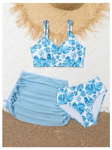 Image of WDIRARA Girl's 3 Piece Tropical Print Colorblock Bikini Swimwear Set with Side Ruched Mesh Beach Skirt Multicolor 10Y