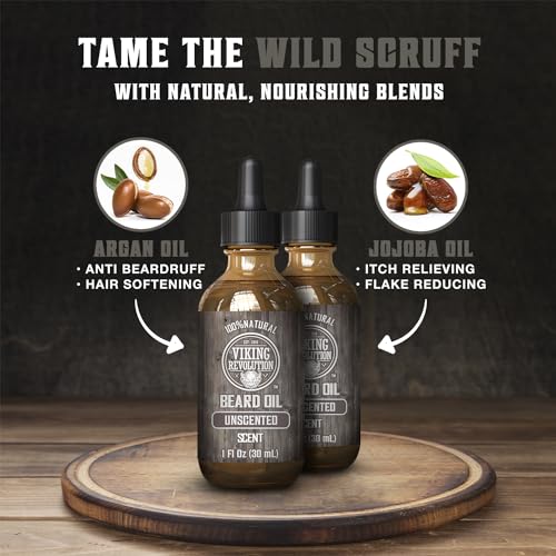 Image of Viking Revolution Men's Beard Oil with Argan and Jojoba Oils - Natural Softener and Conditioner, Strengthens and Moisturizes (Unscented, 2 Pack)