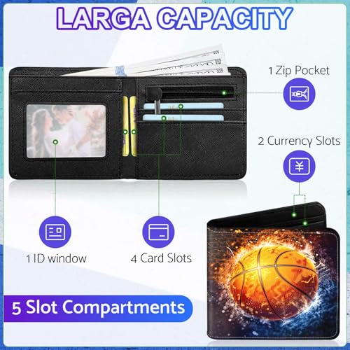 Image of Boys Wallet for Kids, Cool Kids Wallet for Boys Ages 8-10 9-12 11-15, Funny Basketball Leather Bifold Rfid Blocking, Coin Pocket Id Window for Teen Men Youth Guys Birthday Christmas Gifts