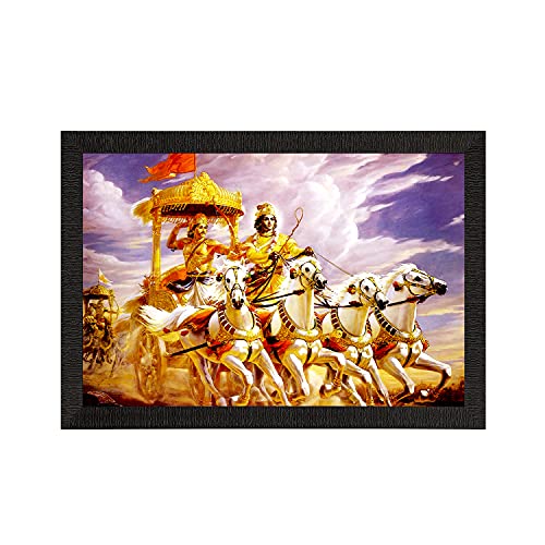 Image of eCraftIndia Shree Krishna Arjun On Rath Digital Printed Religious Wall Painting - Divine Artwork for Home, Temple, and Meditation Spaces for Krishna Devotees and Spiritual Seekers