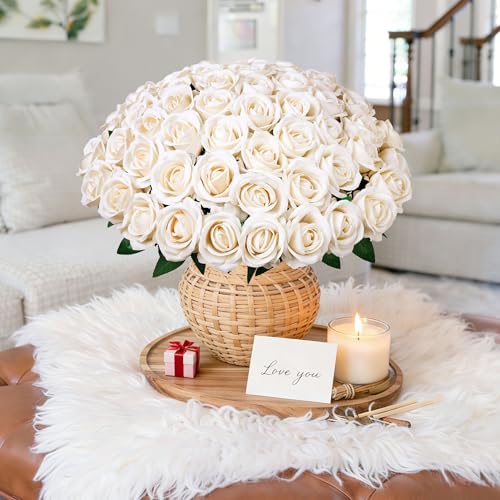 Image of 50 PCS Champagne Roses Artificial Flowers, Fake Roses with Stem Realistic Silk Rose for DIY Wedding Bouquets Table Centerpieces Arrangements Baby Shower Birthday Home Decor Valentines Day Gift for Her