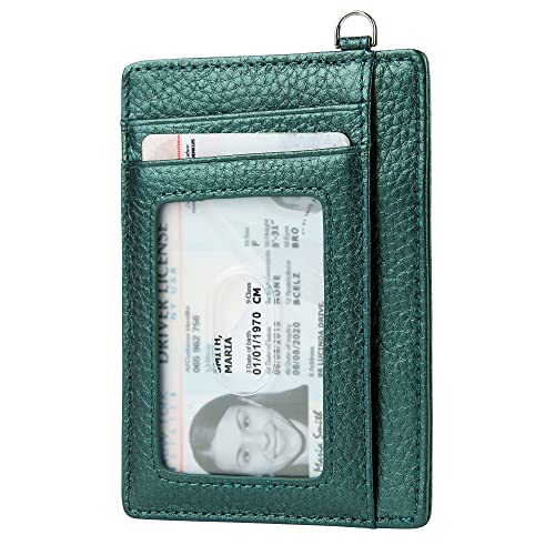 Women & Men Genuine Leather RFID Blocking Card Holder Thin Slim Minimalist Front Pocket Wallet with Keychain, Dark Green3