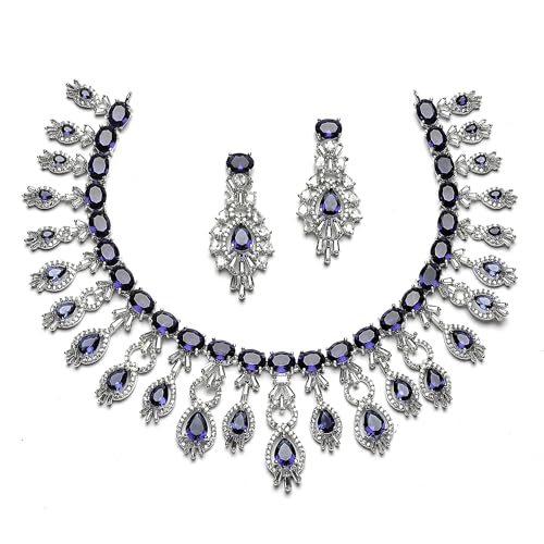 Image of ZENEME Rhodium-Plated American Diamond Studded Oval & Teardrop Shaped Necklace With Earrings Jewellery Set For Girls and Women