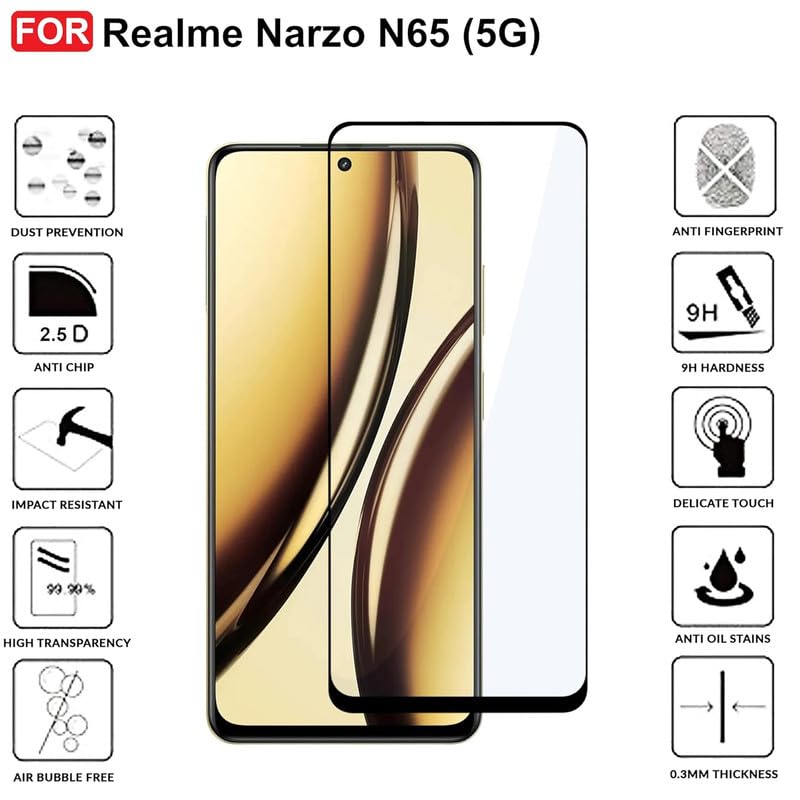 Image of Edge To Edge Screen Protector Tempered Glass For Realme Narzo N65 5G Cellphone With Easy Installation Kit