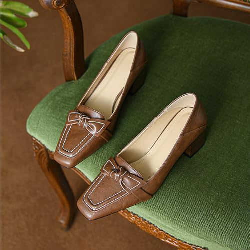 Women's Retro Leather Bow Tie Chunky Heel Pumps Shoes Slip On Classic Comfortable Square-Toe Loafers Dress Shoes Business Party Wedding Shoes3