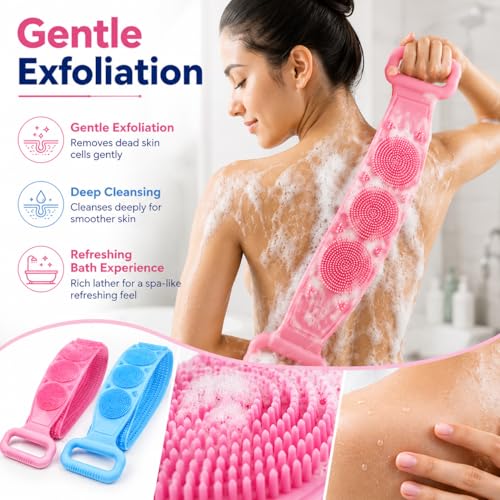 Image of 6-in-1 Silicone Bath and Body Care Combo, Back Scrubber Belt, Long Handle Brush, Body Scrubber, Face Scrubber, Scalp Massager with 4 Hooks