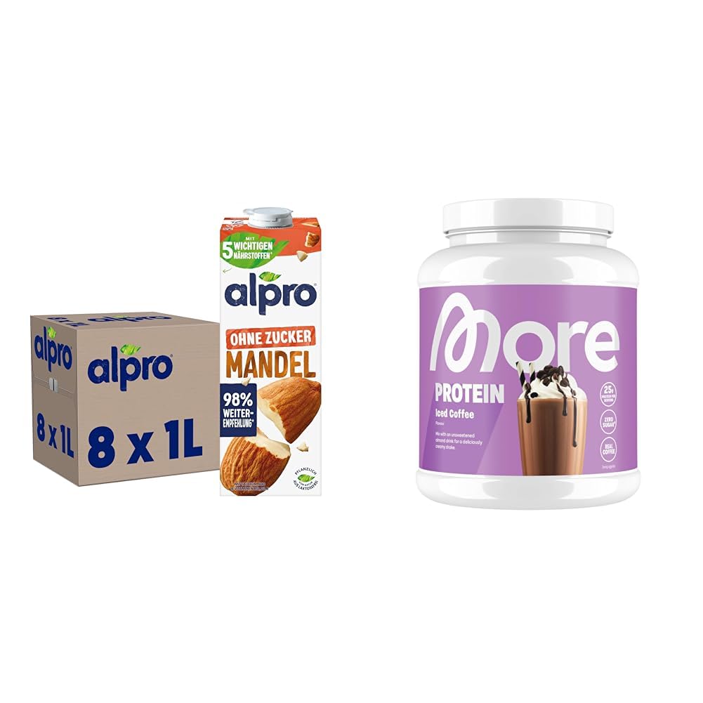 NEU: Alpro Mandeldrink Ohne Zucker, 8 x 1 L Haltbar und MORE Protein, Eiskaffee, 600 g
