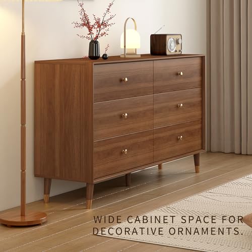 Image of Messenya 6 Drawer Dresser for Bedroom, 47 Inch Walnut Dresser for Closet, Mid Century Wood Chest of Drawers with Natural Texture & Pre-Embedded Slots for TV Stand, Living Room, Hallway, Office