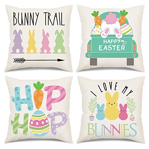 Wironlst Easter Pillow Covers 18X18 Set Of 4 Easter Decorations For Home Bunny Trail Truck Hip Hop Easter Pillows Decorative Spring Throw Pillows Cushion Covers Farmhouse Easter Decor #TOP9