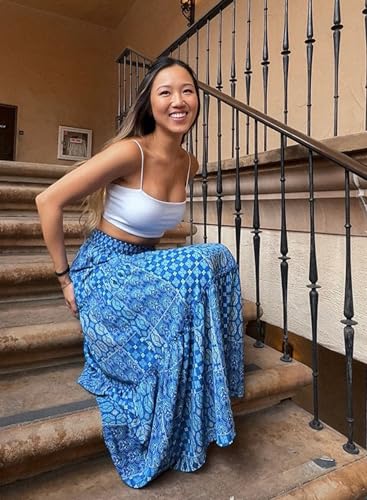 Image of Happy Sailed Womens Floral Print Boho Maxi Skirt Elastic High Waist Pleated Ruffle Flowy Long Skirts S-XL
