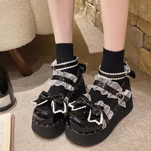 Women Y2K Kawaii Lolita Harajuku Goth Round Toe Chunky Heels White Lace Knot-Bow Decor Mary Jane Platform Shoes4