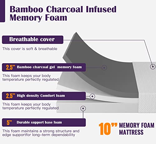 Image of PayLessHere 10 Inch Bamboo Charcoal Gel Memory Foam Mattress CertiPUR-US Certified Removable Soft Cover Full mattresses for Bed Frame, Bunk Bed, Trundle, Daybed,White