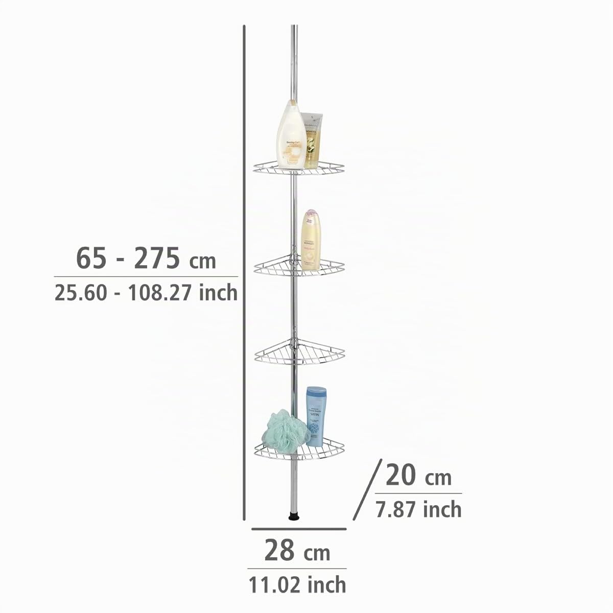 WENKO Teleskop-Duschecke Mod. Prea, Duschregal aus Edelstahl (rostfrei), ohne Bohren, 4 Ablagen, glänzend