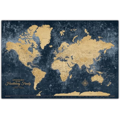 HolyCowCanvas Personalized Gold & Navy Textured Push Pin World Map on Canvas to Track Travels, World Map Pin Board, Holy Cow Travel Tracker