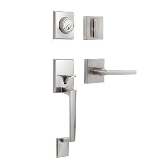NeuType Front Door Handle Set Entrance Door Lock Set Satin Nickel Heavy Duty Entry Handle Set with Lock, with Single Cylinder Deadbolt and Lever Handle, Compatible with Right & Left Handed Doors